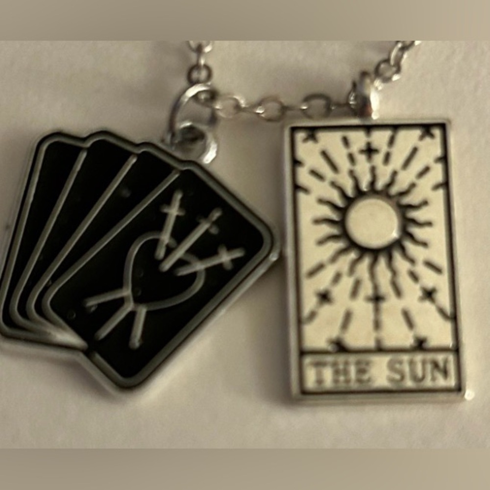 NWOT necklace The Sun & Swords Tarot Cards etched silver black charms 16” chain
